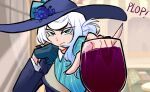  1girl alcohol aqua_gloves blue_flower blue_gloves blue_headwear blue_nails blue_rose blue_shirt blurry blurry_background centurii-chan_(artist) closed_mouth collared_shirt colored_eyelashes commentary cup drinking_glass english_commentary english_text flower gloves hat humanization jacket long_sleeves looking_at_viewer original rapier-chan_(centurii) rose shirt single_glove single_sidelock solo white_hair wide_brim wine wine_glass 