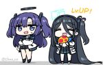  2girls absurdly_long_hair aris_(blue_archive) black_footwear black_hair black_skirt black_socks blue_archive blue_necktie chan_co chibi closed_eyes commentary english_text food full_body grey_background hair_between_eyes hairband halo holding holding_food jacket long_hair long_sleeves looking_at_viewer miniskirt multiple_girls mushroom necktie one_side_up open_mouth pleated_skirt purple_hair simple_background skirt smile socks standing teeth thighs twitter_username two_side_up upper_teeth_only very_long_hair white_background white_footwear white_jacket yuuka_(blue_archive) 
