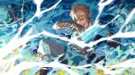 1boy blue_tunic fingerless_gloves gauntlets gloves iketsumi light_brown_hair link partially_submerged pointy_ears sidelocks solo sword the_legend_of_zelda the_legend_of_zelda:_breath_of_the_wild water weapon wet 