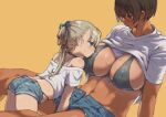  2girls blonde_hair blue_eyes breasts brown_hair commentary dark-skinned_female dark_skin hand_on_another&#039;s_head height_difference highres huge_breasts interracial kei_(m_k) looking_at_another m_k multiple_girls navel original petite ponytail red_eyes rika_(m_k) short_hair short_shorts shorts simple_background stomach sweat symbol-only_commentary tall tall_female tomboy yellow_background yuri 