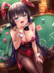  1girl animal_ears aqua_eyes bare_shoulders black_bow black_bowtie black_hair blush bocchi_the_rock! bow bowtie breasts brown_pantyhose casino casino_card_table chin_piercing cleavage collarbone colored_inner_hair detached_collar ear_piercing fake_animal_ears forked_tongue hand_on_own_chin hand_on_own_thigh hand_up highleg highleg_leotard highres hime_cut indoors kikugawa_roku large_breasts leotard long_hair multicolored_hair nail_polish open_mouth pa-san pantyhose piercing playboy_bunny purple_hair rabbit_ears red_leotard red_nails sitting sitting_on_table solo strapless strapless_leotard table teeth thighs tongue upper_teeth_only white_wrist_cuffs 