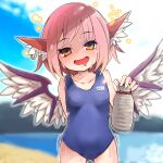  1girl animal_ears bare_arms bare_legs bare_shoulders beach bird_ears bird_wings blue_one-piece_swimsuit blurry blurry_background blush collarbone commission cowboy_shot drooling drunk earrings feathered_wings highres holding jewelry looking_at_viewer mouth_drool mystia_lorelei ocean one-piece_swimsuit open_mouth pink_hair school_swimsuit short_hair single_earring skeb_commission solo swimsuit tatuhiro touhou white_wings wings yellow_eyes 