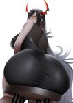  1girl ass ass_focus azur_lane back black_dress black_hair breasts dress friedrich_der_grosse_(azur_lane) gdat hair_over_one_eye horn_ornament horns huge_ass huge_breasts long_hair looking_back looking_down mature_female mechanical_horns red_horns simple_background stool very_long_hair white_background yellow_eyes 