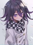  absurdres blush buttons checkered_clothes checkered_scarf closed_mouth danganronpa_(series) danganronpa_v3:_killing_harmony double-breasted gradient_hair grey_background hair_between_eyes highres looking_at_viewer male_focus multicolored_hair oma_kokichi purple_eyes purple_hair scarf simple_background solo upper_body urami0310 