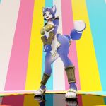  1:1 3d_(artwork) abstract_background absurd_res armor bikini bikini_top blue_body blue_ears blue_fur blue_hair blue_tail bottomwear breasts canid canine claws clothed clothing clothing_lift collar crown curved_tail digital_media_(artwork) dogzeela feet female fever-dreamer footwear fox fur hair hands_in_lap headgear headpiece hi_res high_heels hip_sway jewelry krystal mammal markings nintendo plantigrade sandals skirt skirt_lift smile standing star_fox star_fox_adventures swimwear tail tail_markings toe_claws toe_curl white_body wide_eyed 