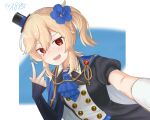  1girl :d black_headwear blonde_hair blue_background blue_flower blue_jabot blush braid breasts character_name flower girls&#039;_frontline gloves hair_between_eyes hair_flower hair_ornament hat highres light_leave looking_at_viewer medium_hair mini_hat nagant_revolver_(astral_bond)_(girls&#039;_frontline) nagant_revolver_(girls&#039;_frontline) neck official_alternate_costume open_mouth puffy_sleeves red_eyes selfie short_sleeves side_ponytail simple_background single_braid small_breasts smile solo striped top_hat two-tone_background w white_background 