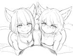  2girls animal_ears breasts cat_ears cat_girl cat_tail cleavage copyright_request erection greenopi highres looking_at_viewer multiple_girls pov pov_crotch short_hair simple_background sketch smile sweatdrop tail uncensored white_background 