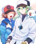  2boys :d bangle blue_jacket bracelet brown_hair closed_eyes collared_shirt commentary_request hand_up hat highres hilbert_(pokemon) holding_strap jacket jewelry male_focus mochi_(mocchi_p_2m) multiple_boys n_(pokemon) necklace on_shoulder open_mouth oshawott poke_ball_print pokemon pokemon_(creature) pokemon_(game) pokemon_bw pokemon_on_shoulder shirt short_hair smile undershirt white_background white_shirt zipper_pull_tab 