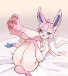  2023 4_toes 5_fingers anthro anthrofied areola bed bedding black_nose blue_body blue_eyes blue_fur blue_inner_ear blue_sclera blush bodily_fluids body_blush breasts butt butt_blush claws cute_fangs digital_media_(artwork) eeveelution eyebrow_through_hair eyebrows eyelashes feet female fingers fur furniture generation_6_pokemon genital_fluids genitals hair happywand holding_leg holding_own_leg holding_own_legs_up legs_up looking_at_viewer lying multicolored_body multicolored_fur nintendo nipples nude on_back on_bed open_mouth open_smile pawpads pink_areola pink_body pink_ears pink_fur pink_hair pink_nipples pink_tail pokemon pokemon_(species) pokemorph presenting presenting_hindquarters pussy pussy_juice ribbons simple_background smile solo sylveon tail toe_claws toes tongue translucent translucent_hair white_body white_fur 
