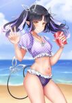  1girl absurdres alternate_costume beach bikini bikini_bottom_only black_hair blue_sky blurry blurry_background blush breasts can cloud cola commentary_request cowboy_shot crop_top day demon_girl demon_horns demon_tail earrings frilled_bikini frilled_shirt frills grin highres holding holding_can horizon horns jewelry kojo_anna long_hair looking_at_viewer medium_bangs midriff multicolored_hair nanashi_inc. navel necklace ocean outdoors parted_bangs pointy_ears polka_dot polka_dot_shirt puffy_short_sleeves puffy_sleeves purple_hair purple_shirt robou_no_stone shirt short_sleeves sky small_breasts smile solo swimsuit tail twintails two-tone_hair virtual_youtuber w water yellow_eyes 