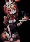  1girl allen_(makaroll) alternate_costume animal_ears apron ascot bat_(animal) black_background black_corset blue_eyes blurry blush breasts brown_skirt brown_sleeves cake cirie_(phantom_rose) cleavage commentary corset cosplay cowboy_shot embarrassed enmaided fake_animal_ears food furrowed_brow gloves hair_between_eyes hair_ornament hair_tie halloween hand_up hat holding holding_food holding_plate jack-o&#039;-lantern looking_at_viewer maid medium_hair open_mouth orange_hair phantom_rose plate pleated_skirt puffy_short_sleeves puffy_sleeves rabbit_ears red_ascot reina_(phantom_rose) reina_(phantom_rose)_(cosplay) short_eyebrows short_sleeves shrug_(clothing) simple_background skirt skirt_tug small_breasts solo sweatdrop trembling twintails waist_apron white_apron white_gloves witch_hat 