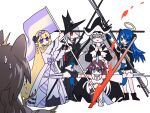  6+girls arknights black_dress blue_eyes blue_hair brown_hair demon_tail dress flag gladiia_(arknights) halo hexagram highres holding holding_flag holding_weapon horns kirin_x_yato_(arknights) long_hair losia multiple_girls penance_(arknights) saileach_(appreciate_fragrance)_(arknights) saileach_(arknights) simple_background specter_(arknights) specter_the_unchained_(arknights) star_of_david tail very_long_hair weapon white_background white_dress yato_(arknights) 
