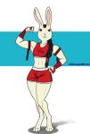  anthro arm_ring armwear black_hair bottomwear bra braided_hair braided_ponytail brown_eyes clothed clothing gynomorph hair herm_(lore) hi_res intersex lagomorph leporid mammal ponytail pose rabbit shorts sidewaysmirror solo sports_bra underwear white_body wraps wrist_wraps 