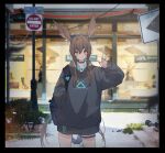  1girl absurdres amiya_(arknights) animal_ears arknights bag black_hoodie blurry blurry_background border brown_hair closed_mouth commentary english_commentary english_text green_eyes hand_in_pocket highres hood hoodie jewelry long_hair multiple_rings neck_ring no_entry_sign no_pants outdoors photo_background ponytail rabbit_ears rabbit_girl ring road_sign shoulder_bag sidelocks sign solo tawashi1242 thigh_ring v very_long_hair 