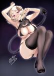  1girl 5saiji armpits ass bare_shoulders black_panties black_thighhighs blonde_hair breasts cleavage_cutout clothing_cutout commission covered_nipples curvy demon_girl demon_horns demon_tail highres horns large_breasts licking_lips original panties pointy_ears purple_eyes short_hair skeb_commission smile tail thick_thighs thighhighs thighs tongue tongue_out underwear 