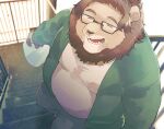  2023 anthro belly big_belly bottomwear clothing eyes_closed felid hi_res kemono lion male mammal overweight overweight_male pantherine pants sawch_cls shirt solo stairs topwear 