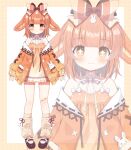  +_+ 1girl animal_ears black_bow black_footwear blush bow brown_camisole brown_eyes brown_hair brown_jacket brown_leg_warmers camisole closed_mouth commentary_request copyright_request hair_bow jacket leg_warmers long_sleeves mauve miuna_usako multiple_views off_shoulder official_art open_clothes open_jacket pleated_skirt puffy_long_sleeves puffy_sleeves shoes skirt sleeves_past_wrists smile virtual_youtuber white_skirt 