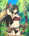  1girl alternate_costume archery armband armor arrow_(projectile) asymmetrical_gloves belt belt_buckle belt_pouch bikini_armor black_hair black_panties blue_sky blunt_bangs blush bow_(weapon) bra breasts brown_belt brown_bra brown_eyes brown_garter_straps brown_gloves buckle building bush chimney cleavage closed_mouth collarbone compound_bow day detached_collar fantasy forest garter_belt gloves grass hair_ornament highres holding holding_arrow holding_bow_(weapon) holding_weapon house large_breasts leaf linea_alba long_hair looking_at_viewer midriff mismatched_gloves muneate nature navel official_art panties pouch quiver revealing_clothes senran_kagura senran_kagura_new_wave shiny_skin single_shoulder_pad sky smile solo standing sunlight thighhighs tree tsubaki_(senran_kagura) underwear weapon yaegashi_nan 
