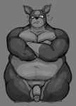  angry angry_expression anthro balls belly biceps big_balls big_belly black_and_white canid canine canis circumcised crossed_arms digital_media_(artwork) disgust domestic_dog ellipsis flaccid genitals grey_background hair hi_res humanoid_genitalia iggy_(jjba) jojo&#039;s_bizarre_adventure locitony looking_at_viewer male mammal monochrome moobs muscular nude overweight overweight_anthro overweight_male penis question_mark simple_background solo solo_focus thick_thighs v-cut 