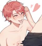  2boys black_pants blush cum cum_in_mouth cum_on_body earrings erection heart heart_in_eye highres jewelry lummy_yummy male_focus maruyama_reo multiple_boys pants paradox_live pink_eyes pink_hair short_hair symbol_in_eye tongue tongue_out topless_male white_background yaoi 