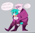  2023 achuchones_(unicorn_wars) amputee anthro bear blue_body bodily_fluids bow_tie dialogue disability duo embrace english_text gordi_(unicorn_wars) hug hugging_from_behind humanoid_hands mammal overweight pink_body sad sketchyvillain tears text unicorn_wars 