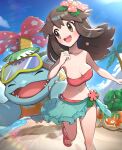  1girl alternate_costume beach bikini blue_sky breasts brown_eyes brown_hair cleavage closed_eyes flower gonzarez hair_flower hair_ornament highres krabby leaf_(pokemon) long_hair medium_breasts navel open_mouth outdoors palm_tree pokemon pokemon_(creature) pokemon_(game) pokemon_masters_ex running sand sandals sky swimsuit teeth tree upper_teeth_only venusaur 