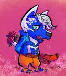  2020 anthro biped black_nose blue_eyes bouquet canid canine canis chibi claws clothed clothing flower flower_bouquet full-length_portrait garu_(kyuranger) gufu_kandagawa hair male mammal open_mouth plant portrait shy signature simple_background solo standing super_sentai toe_claws uchu_sentai_kyuranger white_hair wolf 