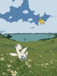  cloud day dragonite field flower flying grass gyarados highres kahan_0004 no_humans open_mouth outdoors pokemon pokemon_(creature) sentret sky togetic water white_flower 