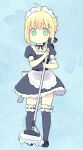  1girl 87banana ahoge apron artoria_pendragon_(fate) black_bow black_thighhighs blonde_hair bow fate/stay_night fate_(series) green_eyes hair_bow holding holding_mop lace-trimmed_legwear lace_trim maid maid_apron maid_headdress mop saber solo thighhighs 