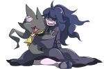  1girl @_@ animal_hug banette cheek_press dress hairband hex_maniac_(pokemon) long_hair messy_hair open_mouth pantyhose pink_pantyhose pokemon pokemon_(creature) pokemon_(game) pokemon_xy purple_dress purple_eyes purple_footwear purple_hairband red_eyes white_background yagi_12 