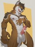  3:4 5_fingers anthro balls bodily_fluids brown_body brown_fur canid canine canis claws countershade_face countershade_fur countershade_tail countershade_torso countershading cum cum_drip cum_on_chest cum_on_hand cum_on_own_chest cum_on_own_hand cum_on_own_penis cum_on_penis cum_on_self dripping erection fangs fingers foreskin fur genital_fluids genitals glans hi_res humanoid_genitalia humanoid_penis inner_ear_fluff lion21 looking_at_viewer male mammal nipples nude open_mouth open_smile penis smile smiling_at_viewer solo tail teeth tongue tongue_out tuft vein veiny_penis wolf 