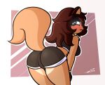  blush blush_lines breasts brown_hair butt chaclaveloz clothed clothing female hair hi_res juti_(jutilewd) looking_at_viewer looking_back mammal raised_tail rodent sciurid solo tail tree_squirrel 