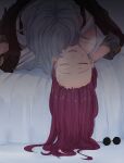  2girls black_coat black_gloves closed_eyes clothes_pull coat commentary gloves grey_hair highres hinagi_(fox_priest) honkai:_star_rail honkai_(series) kafka_(arknights) long_hair multiple_girls on_bed parted_lips purple_hair shirt shirt_pull smile stelle_(honkai:_star_rail) trailblazer_(honkai:_star_rail) white_shirt yuri 