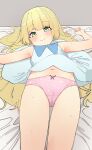  1girl absurdres bare_arms blonde_hair blush cameltoe closed_mouth clothes_lift commentary_request doroshe_(sdpw8474) dress dress_lift eyelashes green_eyes hand_up highres lillie_(pokemon) long_hair looking_at_viewer looking_down lying navel on_back panties pink_panties pokemon pokemon_sm sleeveless sleeveless_dress solo sweat underwear white_dress 