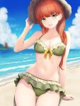  1girl ass_visible_through_thighs bikini blue_sky blunt_bangs breasts cleavage cloud day de_ruyter_(kancolle) frilled_bikini frills green_bikini green_eyes hat highres kantai_collection kotou_yogen long_hair medium_breasts outdoors red_hair sitting sky solo sun_hat swimsuit waves wavy_hair windmill 