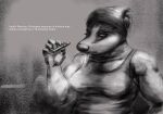  2023 anthro badger claws clothed clothing english_text female greyscale headkerchief kerchief mammal monochrome muscular muscular_anthro muscular_arms muscular_female mustelid musteline oddwilds solo text vape_pen vaping 