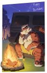  2023 absurd_res anthro bulge car clothing detailed_background felid fire footwear hi_res kemono male mammal night orange_body outside overweight overweight_male pantherine piero03432812 sandals sitting solo tattoo tiger vehicle 