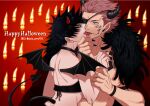  2022 2boys arm_tattoo black_hair black_nails candle dated demon_boy demon_horns demon_tail demon_wings extra_eyes eye_contact facial_tattoo feathers french_kiss fushiguro_megumi grabbing_another&#039;s_chin green_eyes halloween hand_on_another&#039;s_chin happy_halloween height_difference highres holding_another&#039;s_wrist horns jujutsu_kaisen kiss looking_at_another male_focus multiple_boys muscular muscular_male nipples pectorals ryoumen_sukuna_(jujutsu_kaisen) sato_zero915 shoulder_tattoo size_difference tail tattoo tongue tongue_out tongue_tattoo wings yaoi 