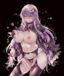  1girl black_background black_bow black_panties black_shirt black_thighhighs blush bow breasts bridal_gauntlets closed_mouth collared_shirt crescent crescent_hair_ornament hair_between_eyes hair_bow hair_ornament kobayashi_yoshitaka large_breasts long_hair navel nipples panties patchouli_knowledge purple_eyes purple_hair shirt sidelocks simple_background solo thighhighs touhou underwear water_drop 