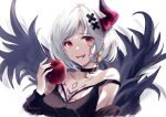  1girl apple bare_shoulders breasts chest_tattoo cleavage collarbone djeeta_(granblue_fantasy) food forbidden_alter_ego_(granblue_fantasy) fruit granblue_fantasy hair_ornament holding holding_food holding_fruit horns medium_breasts nasupon_54115 off_shoulder open_mouth red_eyes short_hair single_horn solo tattoo tongue tongue_out upper_body white_hair x_hair_ornament 