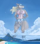  2023 2d_(artwork) 9:10 aircraft airplane alessandra_(scream) anthro athletic athletic_anthro athletic_female beach big_breasts big_muscles biped blonde_hair blue_bottomwear blue_clothing blue_eyes blue_shorts boots_(marking) bottomwear breasts building building_destruction building_strapped_to_leg canid canine claws clothed clothing colored countershade_torso countershading day destruction ear_piercing feet female fingers fire flowing_hair flying foot_markings fox front_view fur fur_markings furry_tail giga hair hands_on_hips hi_res hotpants jewelry landscape_dwarfing leg_markings lighthouse long_hair looking_aside low-angle_view macro mammal markings merchant_ship muscular muscular_anthro muscular_female necklace oil_platform one-piece_swimsuit orange_clothing orange_swimwear outside palm_tree piercing plant pockets scream_(artist) sea seaside shark_tooth_necklace ship shorts shoulder_tuft smoke snout solo splash splashing_water standing stomping swimwear tail tan_body tan_fur tanker_(ship) thick_thighs tree tuft vehicle vehicle_in_pocket volcano water watercraft 