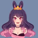  1girl :3 animal_ears bare_shoulders black_choker breasts choker cleavage commentary english_commentary gradient_hair grey_background indie_virtual_youtuber large_breasts mimiipyon multicolored_hair off_shoulder open_mouth pepon_(vtuber) pink_hair portrait purple_hair rabbit_ears smile solo spaghetti_strap tiara virtual_youtuber wavy_hair 