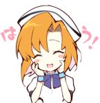  1girl :d ^_^ beret blue_wrist_cuffs blush_stickers bow chibi closed_eyes commentary_request dress facing_viewer hands_on_own_cheeks hands_on_own_face hands_up happy hat higurashi_no_naku_koro_ni open_mouth orange_hair puffy_short_sleeves puffy_sleeves purple_bow ryuuguu_rena short_hair short_sleeves simple_background smile solo suzuragi_karin translated upper_body white_background white_dress white_headwear wrist_cuffs 