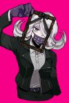  1girl black_bow black_gloves black_jacket black_skirt bow collared_shirt danganronpa_(series) danganronpa_3_(anime) dress_shirt flipped_hair gloves grey_hair grey_shirt hair_over_one_eye holding_frame iei jacket kimura_seiko long_hair long_sleeves looking_at_viewer mask mouth_mask open_clothes open_jacket pink_background purple_eyes shimada_(dmisx) shirt shirt_tucked_in simple_background skirt solo 