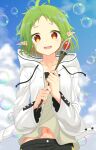  1girl ahoge blue_sky blurry blurry_background blush casual cloud collarbone commentary day depth_of_field elf floating_clothes green_hair hands_up happy highres holding holding_staff hood hooded_jacket jacket long_sleeves looking_at_viewer mochimugi_rice mushoku_tensei navel open_clothes open_jacket open_mouth orange_hair outdoors pointy_ears short_hair sky smile soap_bubbles solo spiked_hair staff straight-on sylphiette_(mushoku_tensei) tareme teeth upper_body upper_teeth_only white_jacket wide_sleeves 