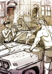  2boys bad_id bad_tumblr_id bara baseball_cap black_hair blonde_hair brown_theme car chest_hair couple cris_art feet_out_of_frame from_behind hat holding holding_hose hose hulkling male_focus marvel motor_vehicle multiple_boys navel_hair pectorals short_hair shorts sideburns smile sponge standing thick_eyebrows toned toned_male topless_male vehicle_request washing wet wiccan yaoi 