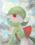  1girl absurdres arms_at_sides blush bob_cut closed_mouth colored_skin commentary dutch_angle flat_chest gardevoir green_hair green_skin hair_over_one_eye highres looking_at_viewer multicolored_skin nishinori_(24no71) one_eye_covered outdoors pokemon pokemon_(creature) red_eyes short_hair solo standing two-tone_skin upper_body white_skin 