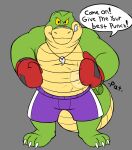  2023 3_toes absurd_res alligator alligatorid anthro biped bottomwear boxing_gloves boxing_shorts brok_(character) brok_the_investigator clothing crocodilian english_text feet glassesgator green_body handwear hi_res male musclegut reptile scalie shorts simple_background solo text toes 
