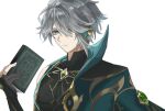 1boy alhaitham_(genshin_impact) antenna_hair aqua_eyes aqua_hair armlet asymmetrical_sidelocks black_shirt book bridal_gauntlets cable cape chest_jewel closed_mouth double-parted_bangs from_side gem genshin_impact gold_trim green_cape green_gemstone grey_hair hair_between_eyes hair_over_one_eye hand_up headphones highres holding holding_book looking_at_viewer male_focus mandarin_collar matohuku1210 messy_hair multicolored_eyes multicolored_hair pectorals shirt short_hair shoulder_cape sidelocks simple_background single_bare_shoulder sleeveless sleeveless_shirt solo streaked_hair two-tone_hair undercut vision_(genshin_impact) white_background 