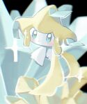  1other blue_eyes blue_gemstone blush chromatic_aberration closed_mouth colored_skin commentary_request crystal dot_mouth expressionless gem highres jirachi mame_(pixiv_57985908) other_focus partial_commentary pokemon pokemon_(creature) solo sparkle white_skin yellow_gemstone 